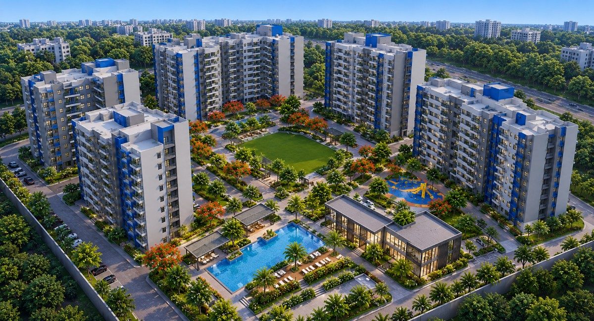 Adarsh Urbanite aerial view with clubhouse, swimming pool and landscaped grounds